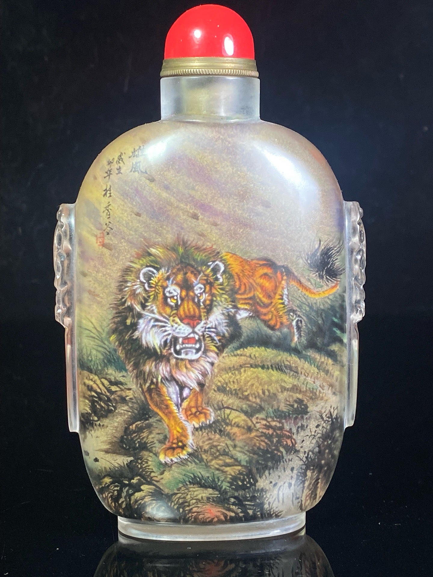 Chinese antique glass carved animal ear painted snuff bottle