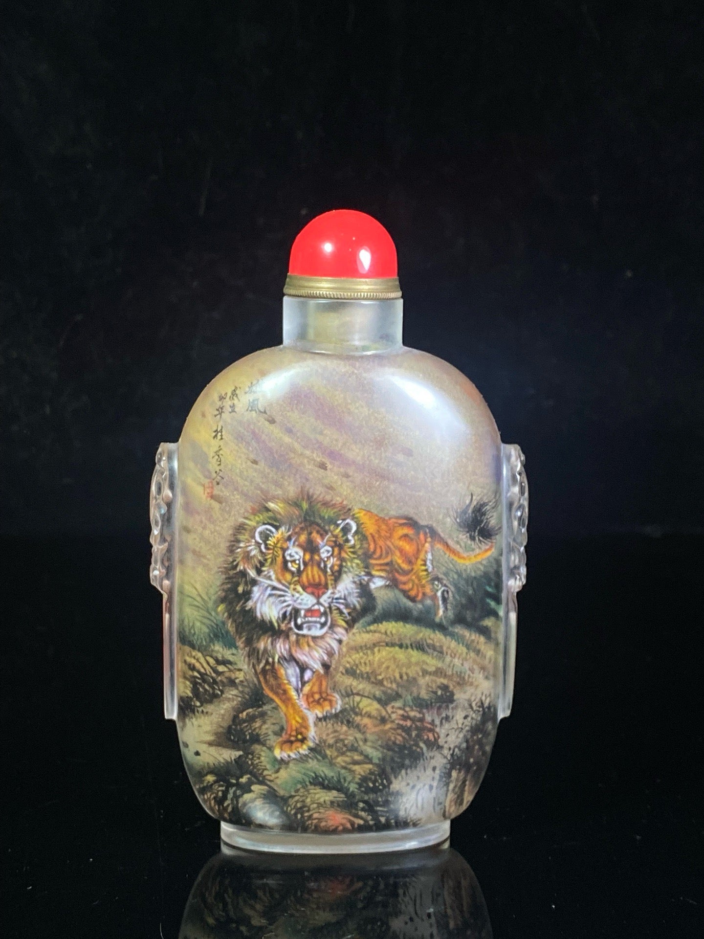 Chinese antique glass carved animal ear painted snuff bottle
