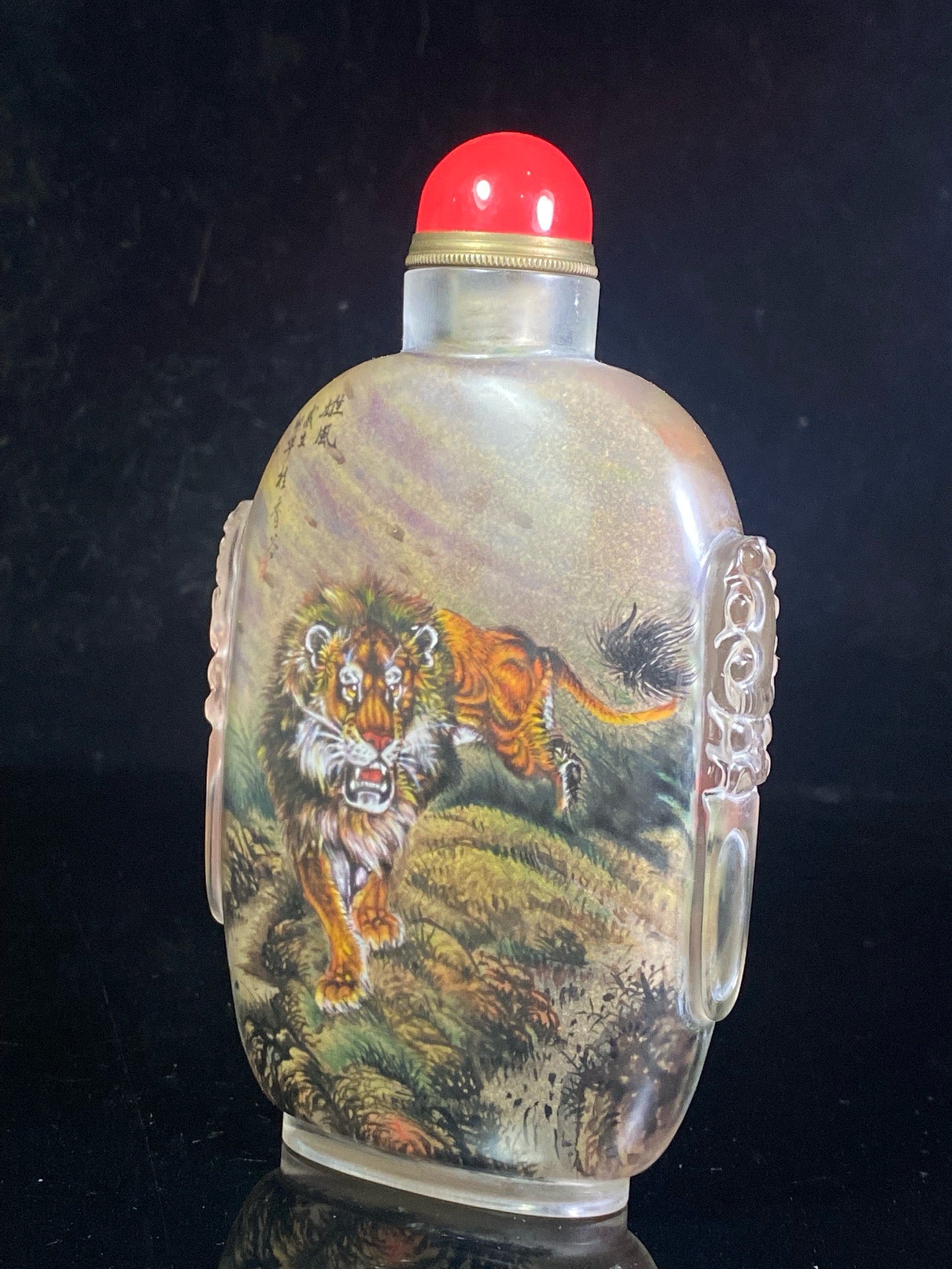 Chinese antique glass carved animal ear painted snuff bottle