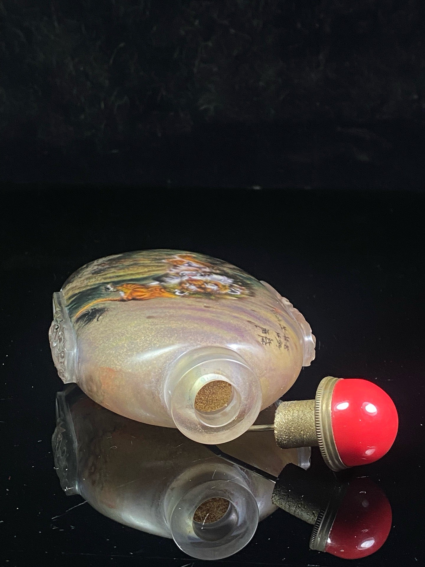 Chinese antique glass carved animal ear painted snuff bottle