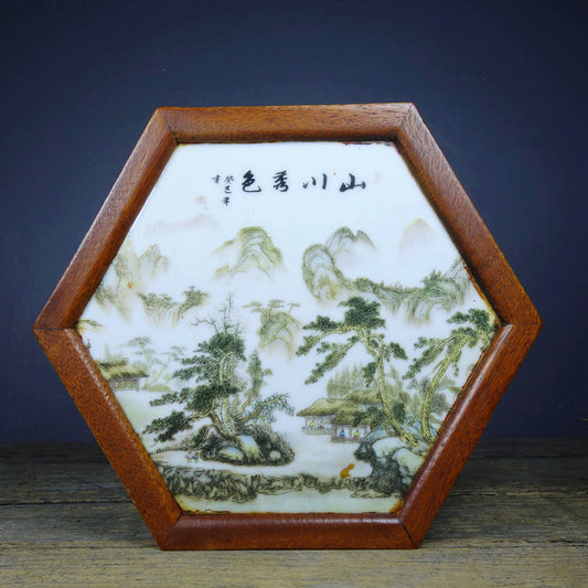 Flower pear wood inlaid porcelain plate painting hexagonal table tea table
