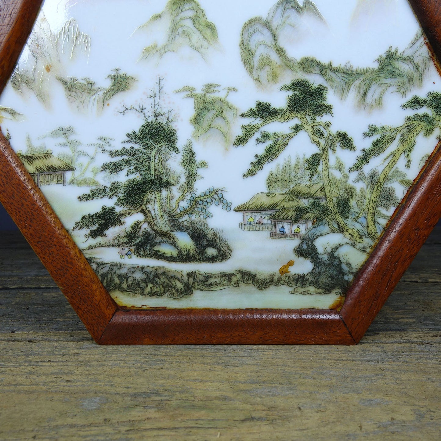 Flower pear wood inlaid porcelain plate painting hexagonal table tea table