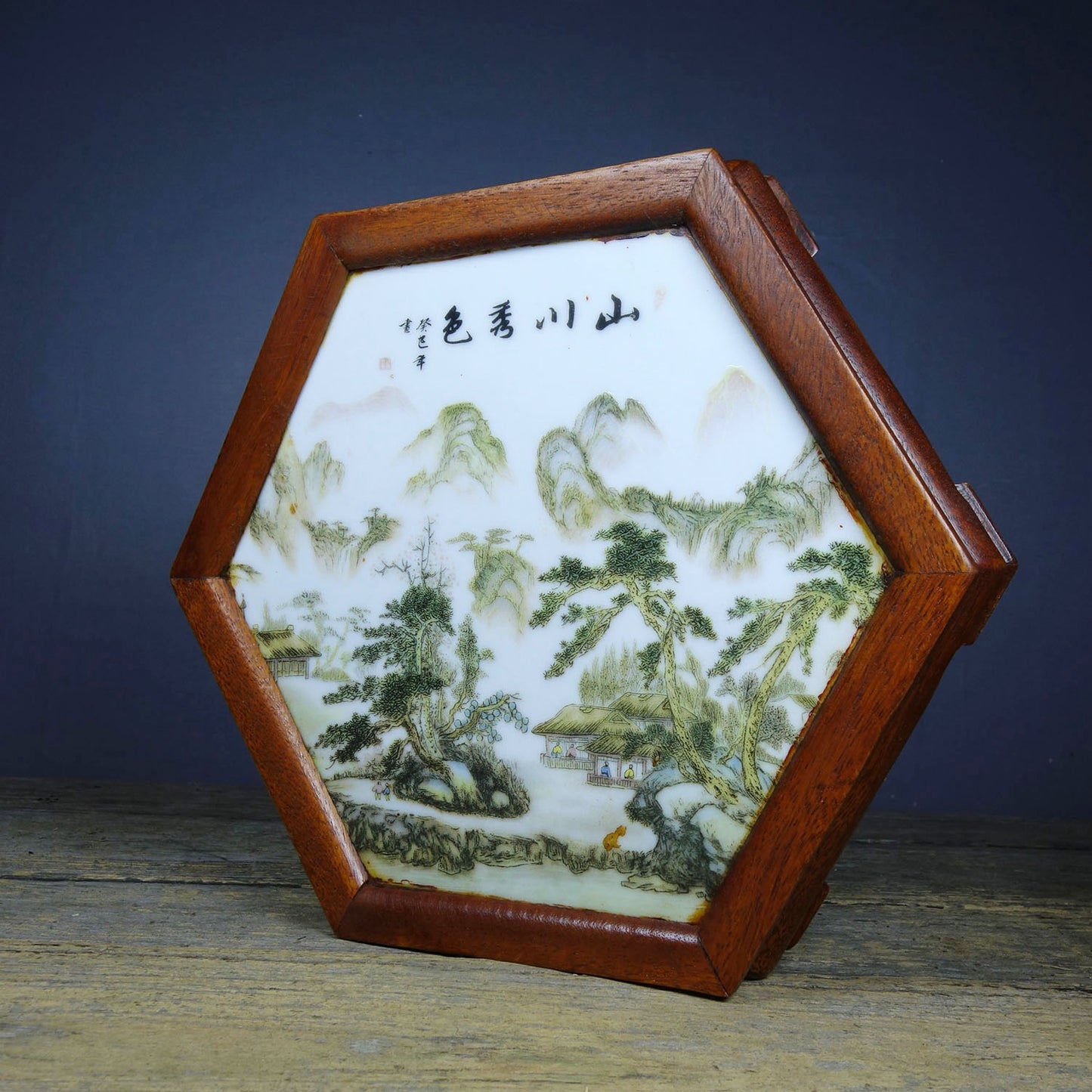 Flower pear wood inlaid porcelain plate painting hexagonal table tea table