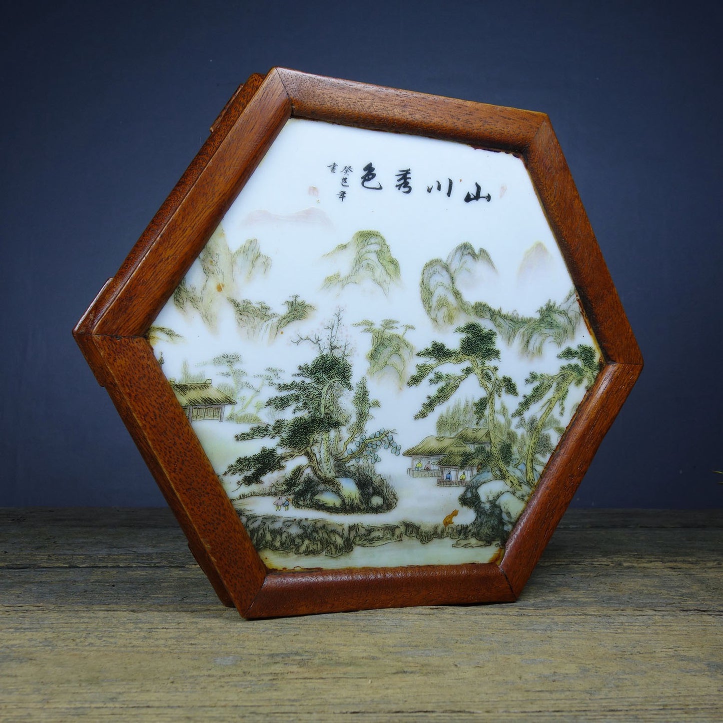Flower pear wood inlaid porcelain plate painting hexagonal table tea table
