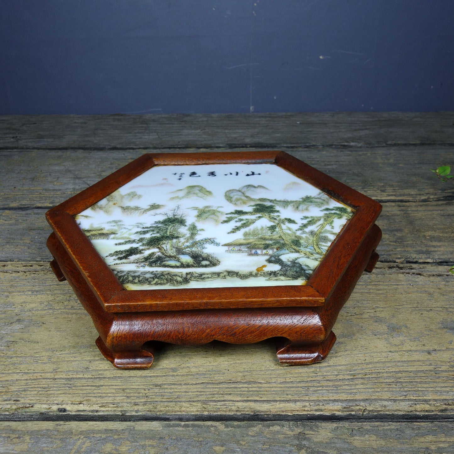 Flower pear wood inlaid porcelain plate painting hexagonal table tea table