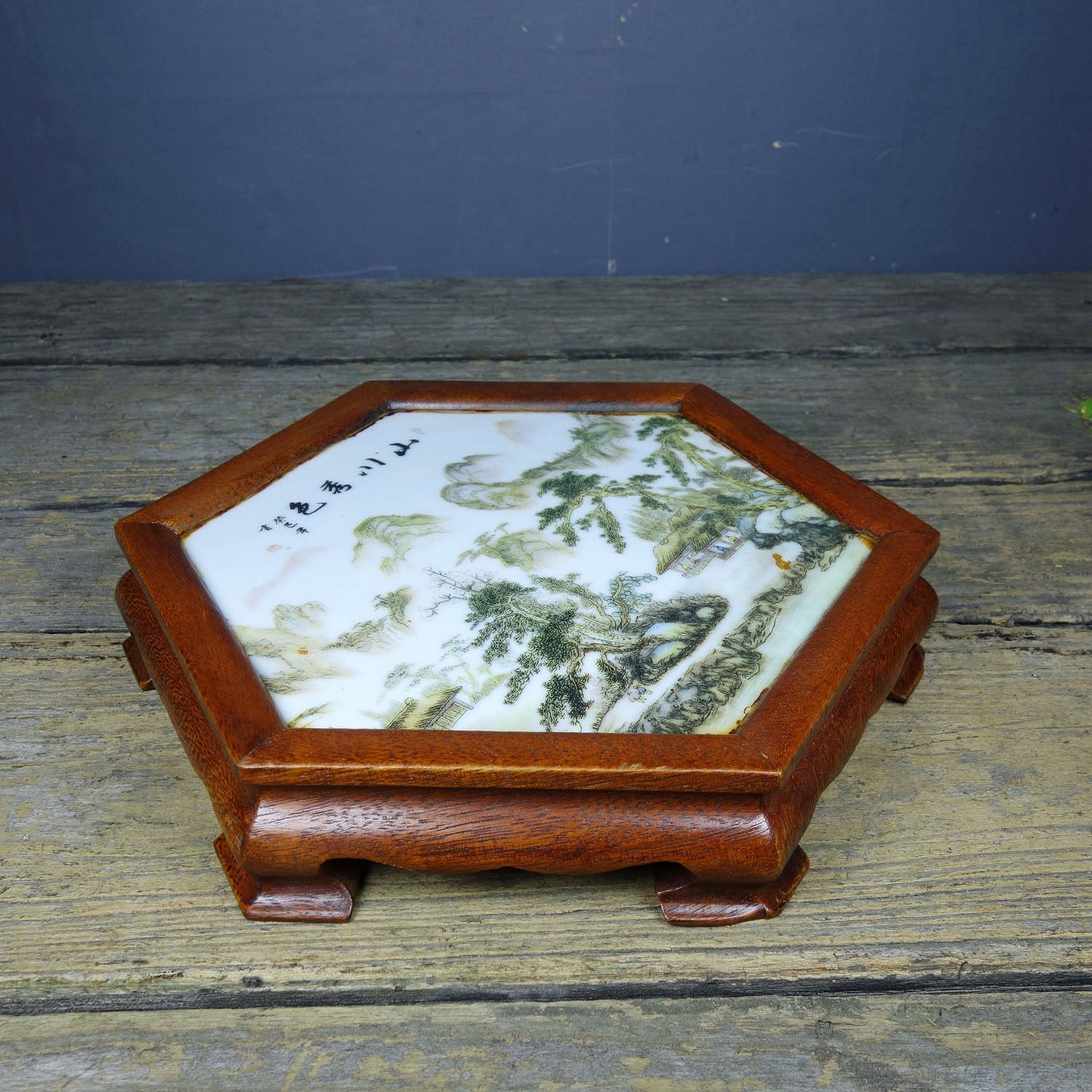 Flower pear wood inlaid porcelain plate painting hexagonal table tea table