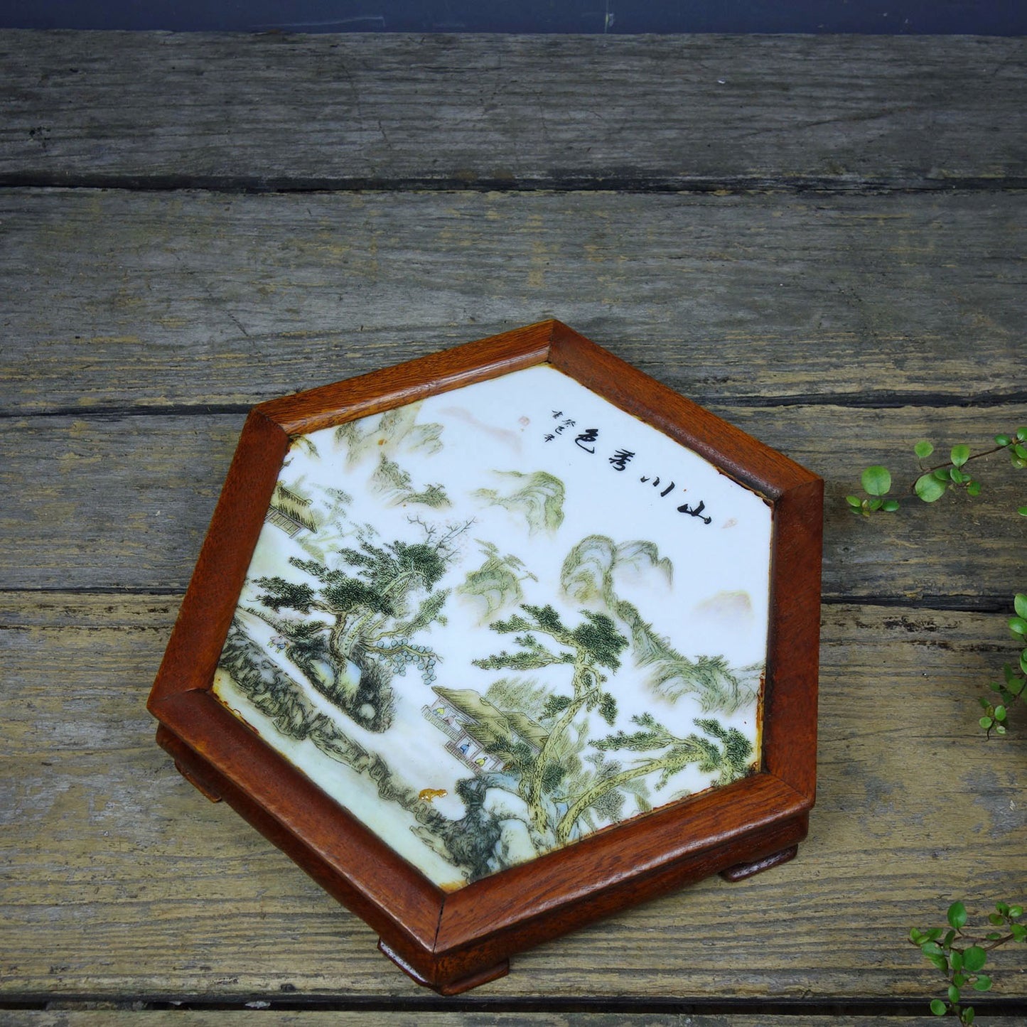 Flower pear wood inlaid porcelain plate painting hexagonal table tea table