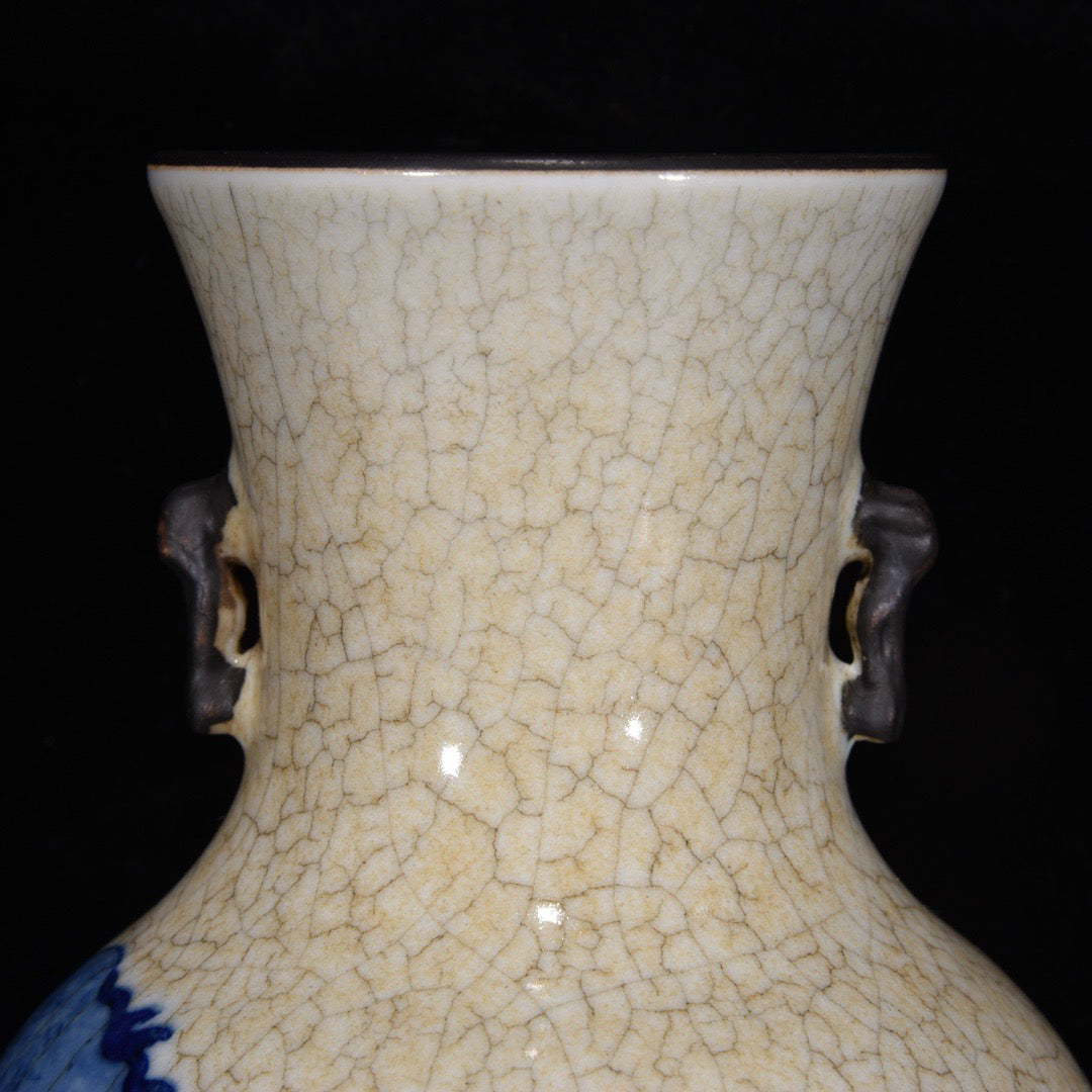 Blue and white open film character story pattern double ear bottle