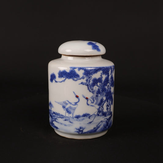 Blue and white pine and crane welcoming spring patterned tea jar