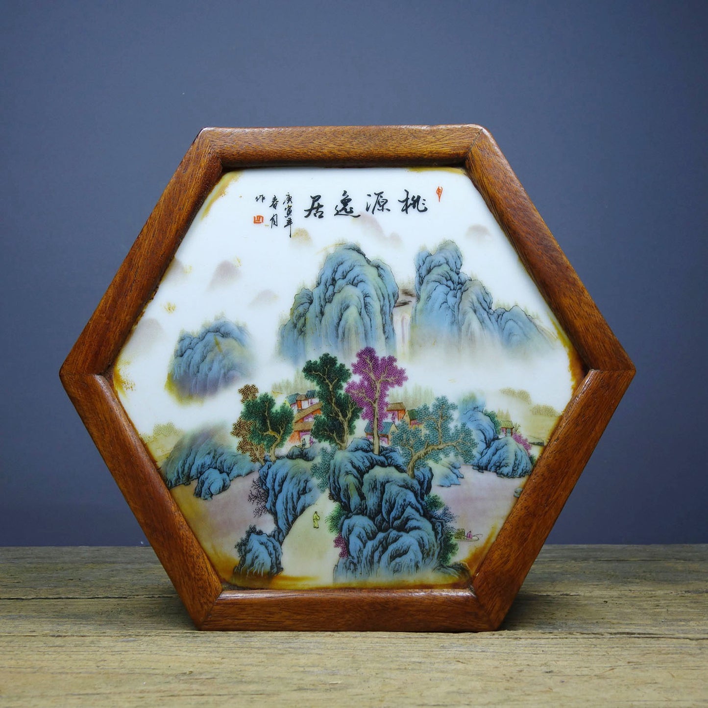 Flower pear wood inlaid hand-painted porcelain plate hexagonal table tea table