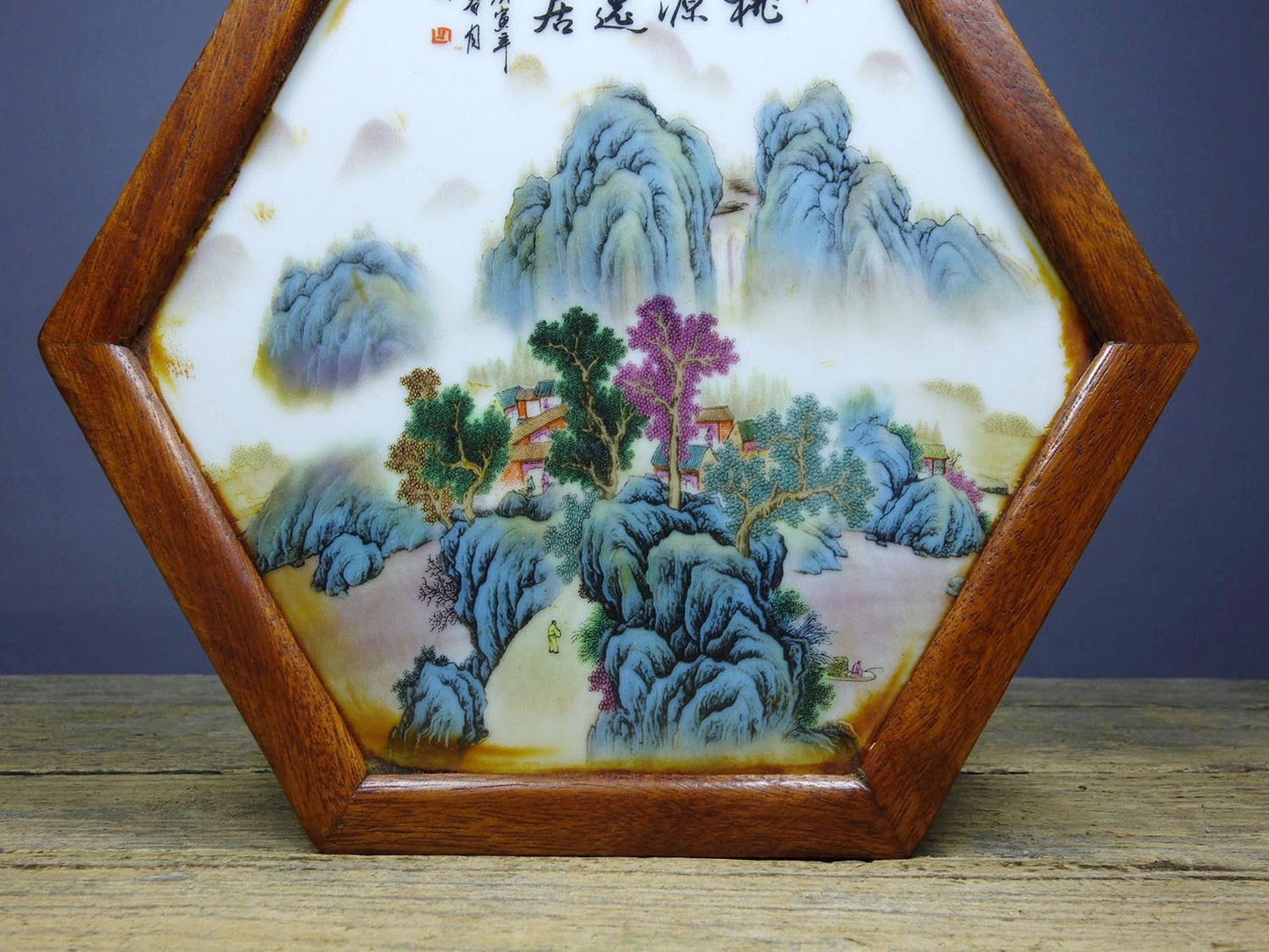 Flower pear wood inlaid hand-painted porcelain plate hexagonal table tea table