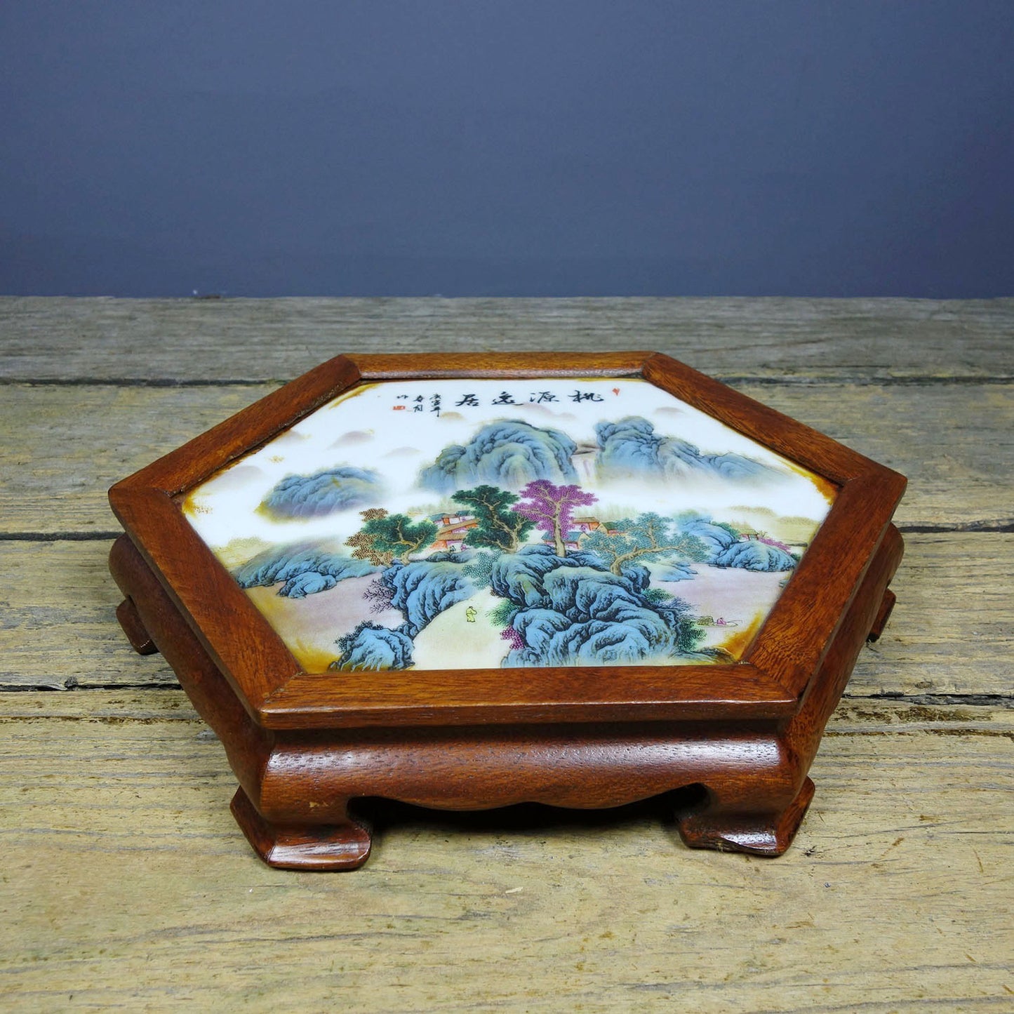 Flower pear wood inlaid hand-painted porcelain plate hexagonal table tea table