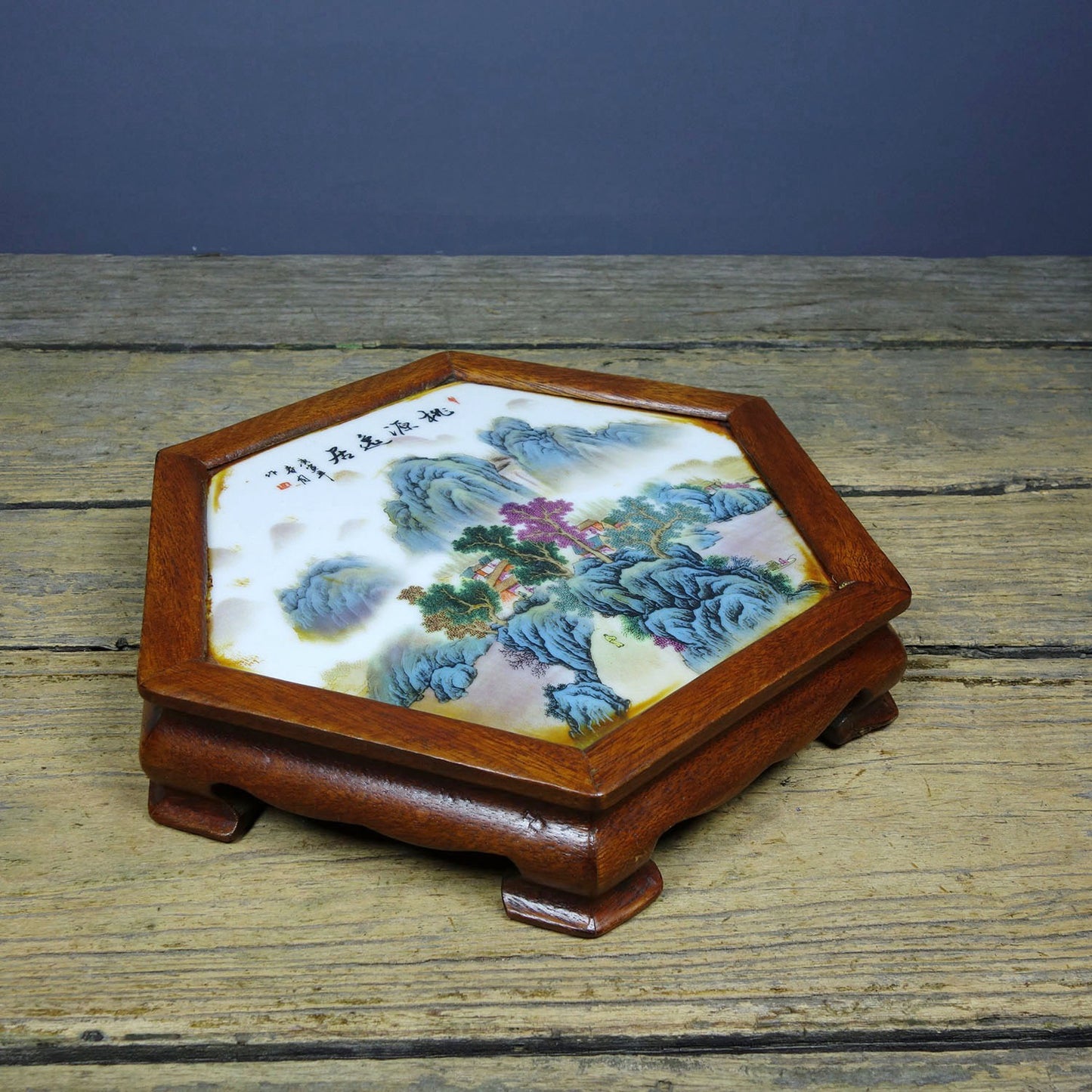 Flower pear wood inlaid hand-painted porcelain plate hexagonal table tea table