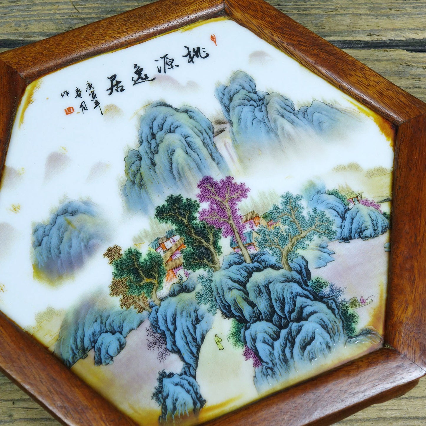 Flower pear wood inlaid hand-painted porcelain plate hexagonal table tea table