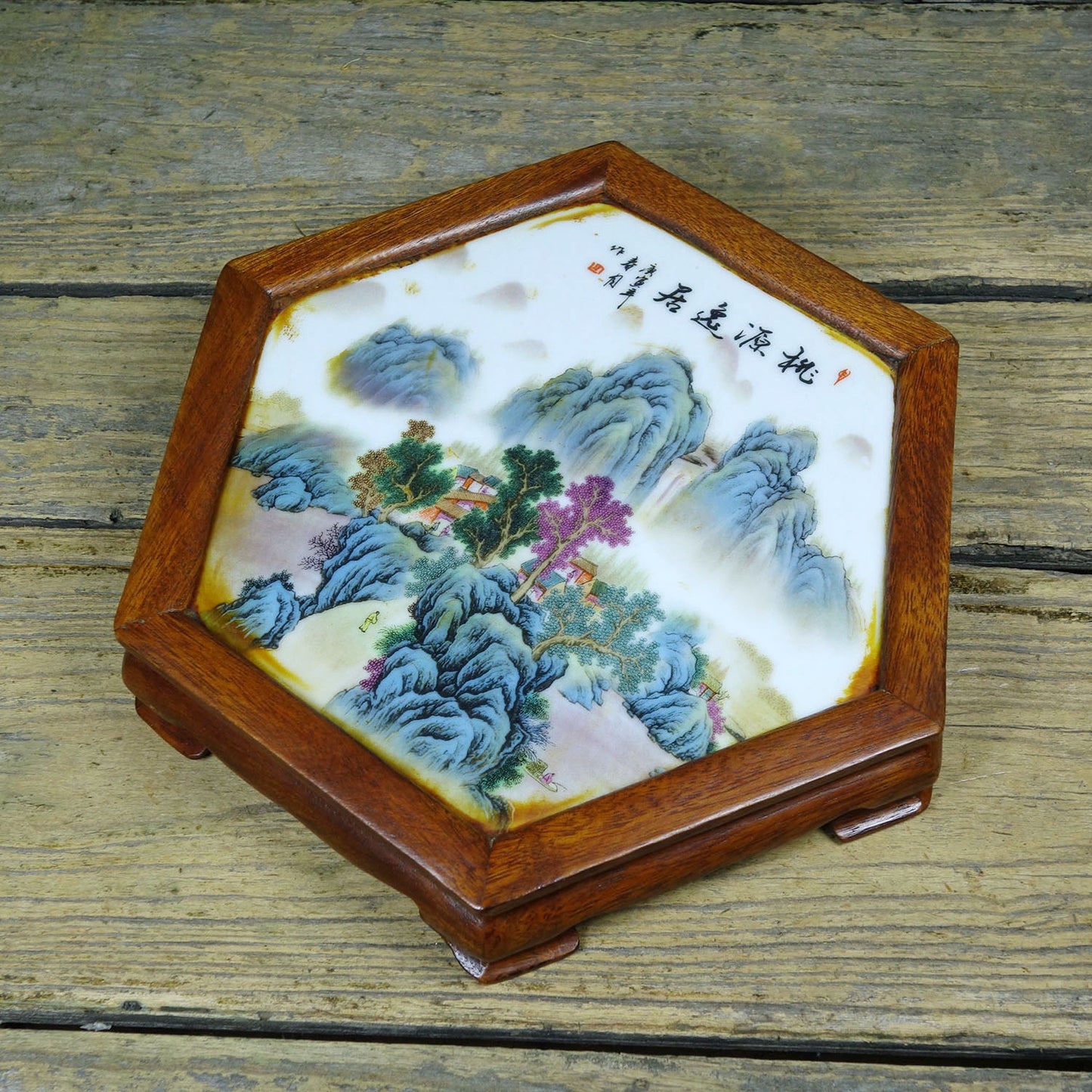 Flower pear wood inlaid hand-painted porcelain plate hexagonal table tea table