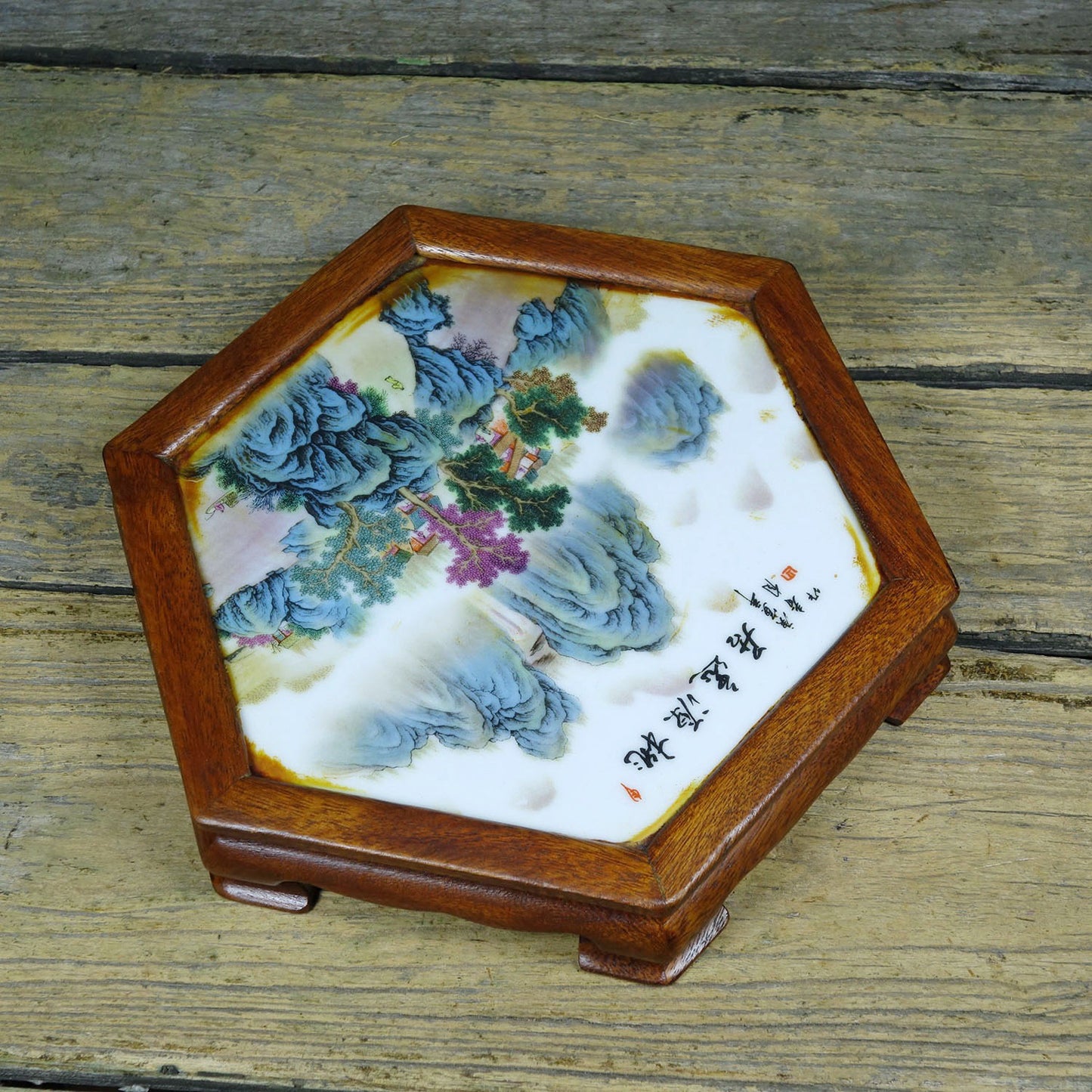 Flower pear wood inlaid hand-painted porcelain plate hexagonal table tea table