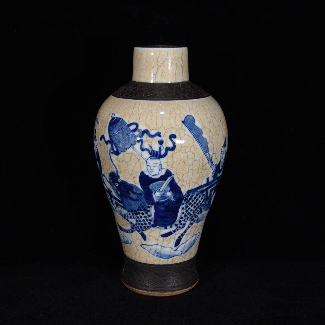 Blue and white open film bottle with character stories and patterns