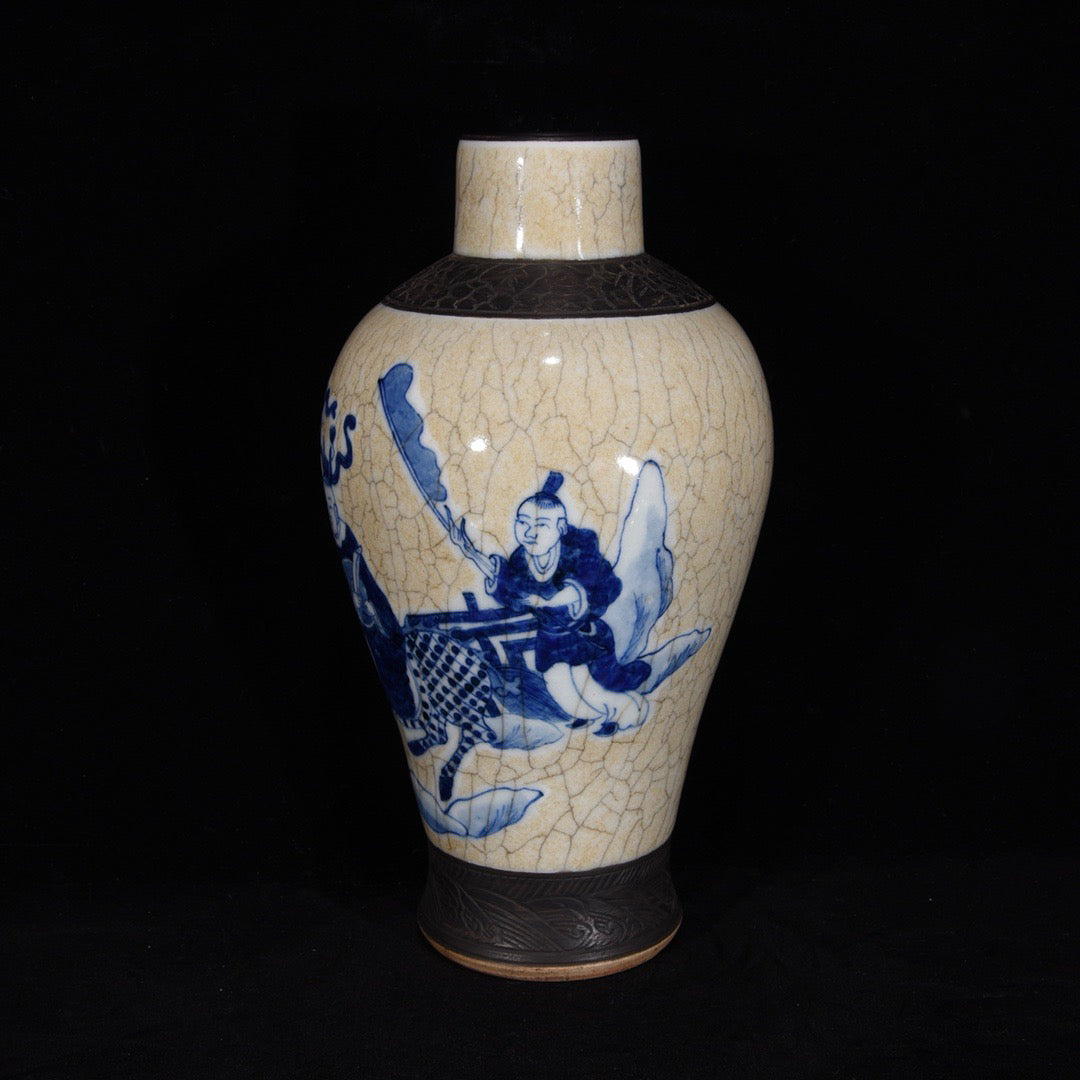 Blue and white open film bottle with character stories and patterns