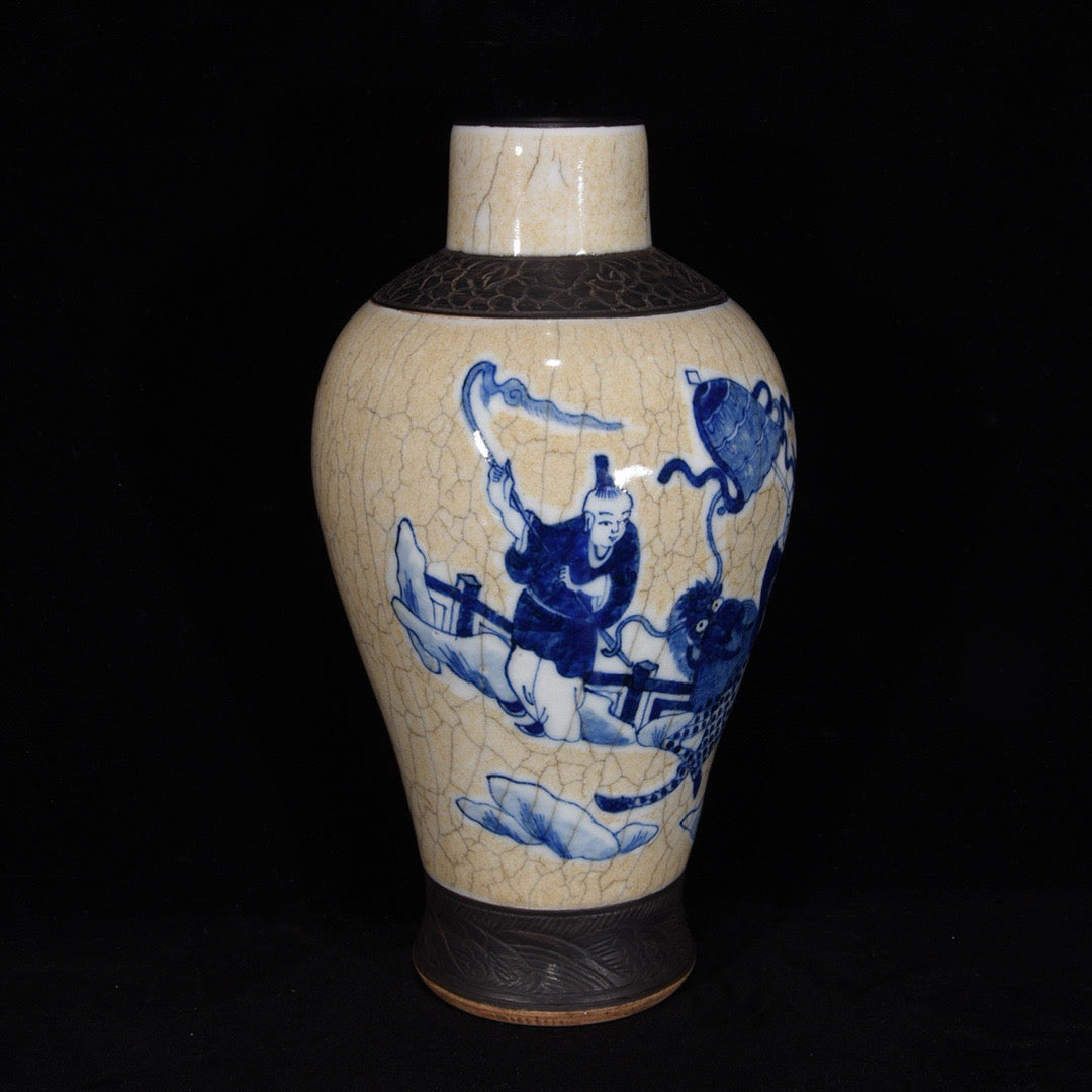 Blue and white open film bottle with character stories and patterns