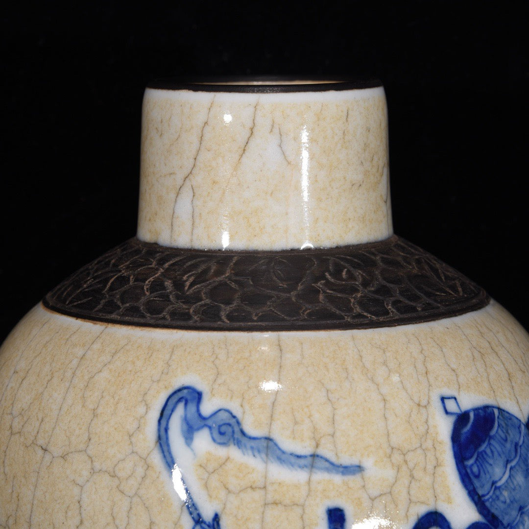 Blue and white open film bottle with character stories and patterns