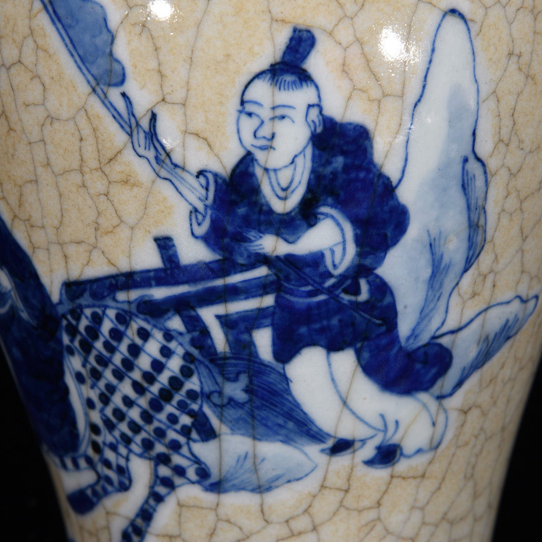 Blue and white open film bottle with character stories and patterns