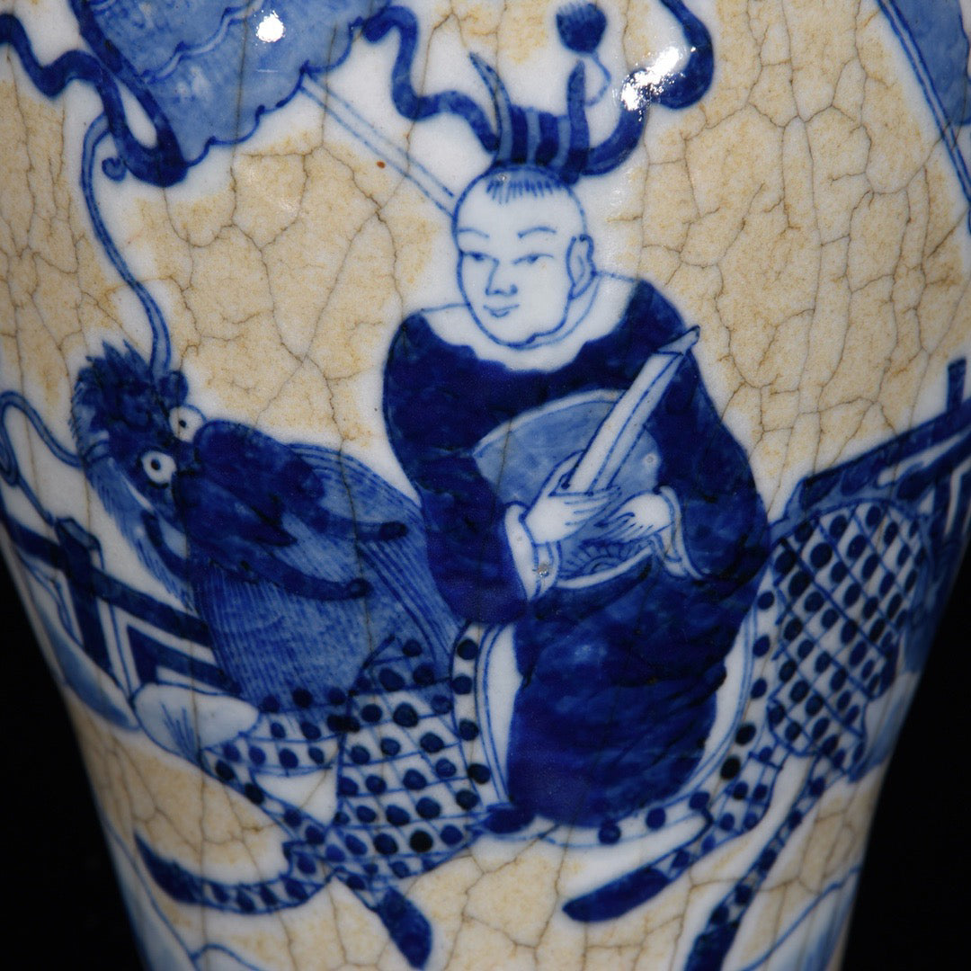 Blue and white open film bottle with character stories and patterns