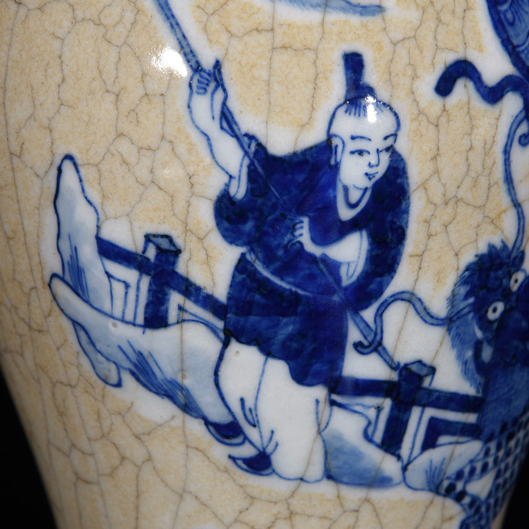 Blue and white open film bottle with character stories and patterns