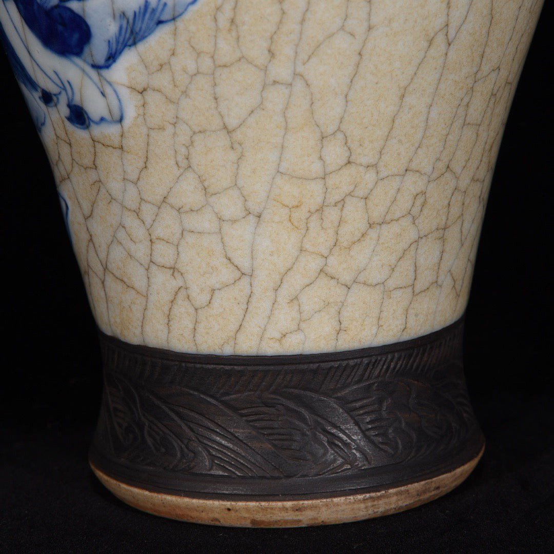 Blue and white open film bottle with character stories and patterns