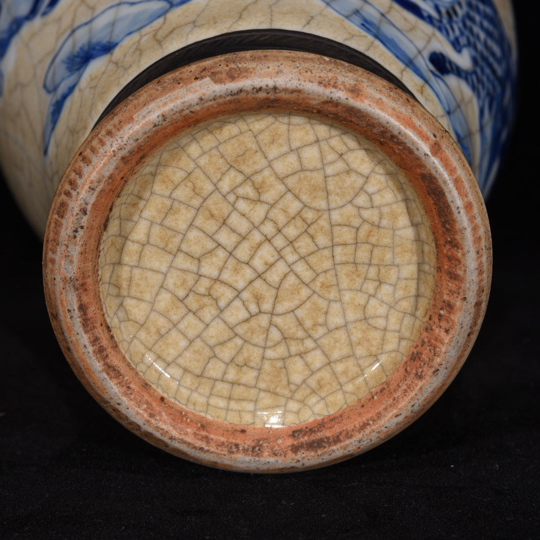 Blue and white open film bottle with character stories and patterns