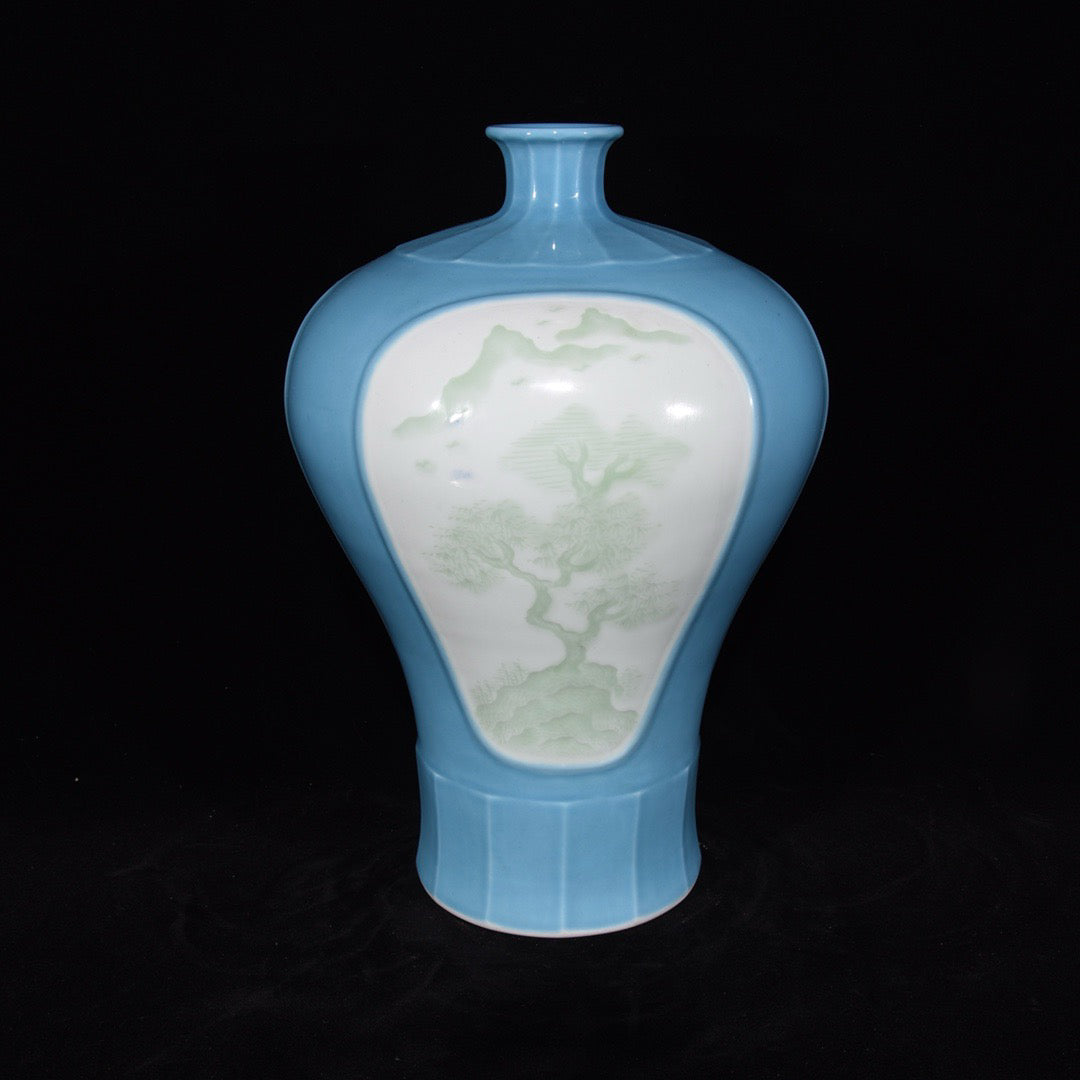 Monochrome glazed open window attic landscape plum vase