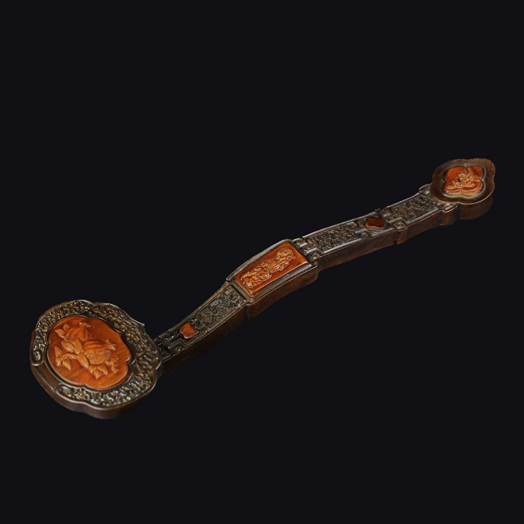 Carved rosewood auspicious cloud, melon and fruit ornaments