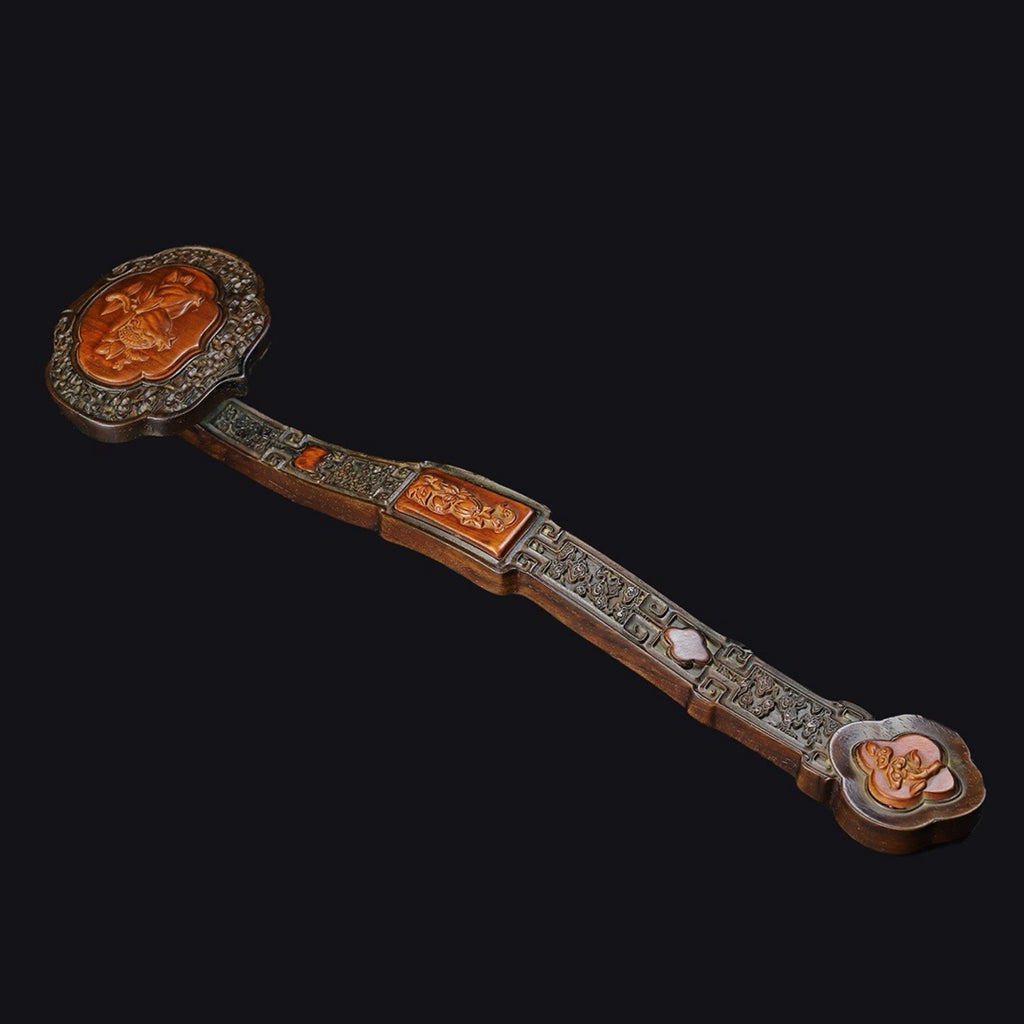 Carved rosewood auspicious cloud, melon and fruit ornaments