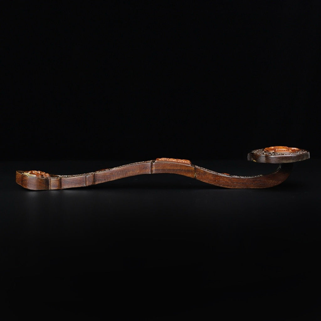 Carved rosewood auspicious cloud, melon and fruit ornaments