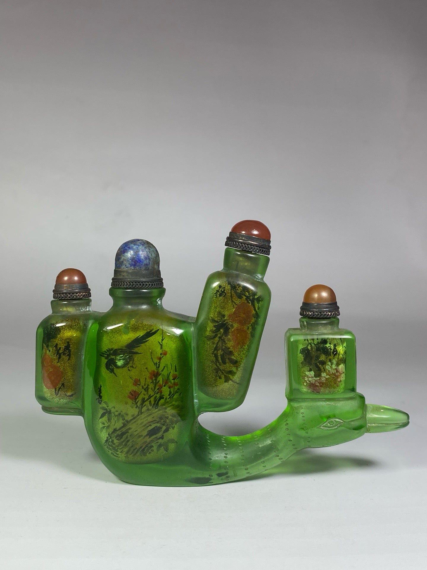 Chinese antique glazed bird shaped four groups of painted snuff bottles