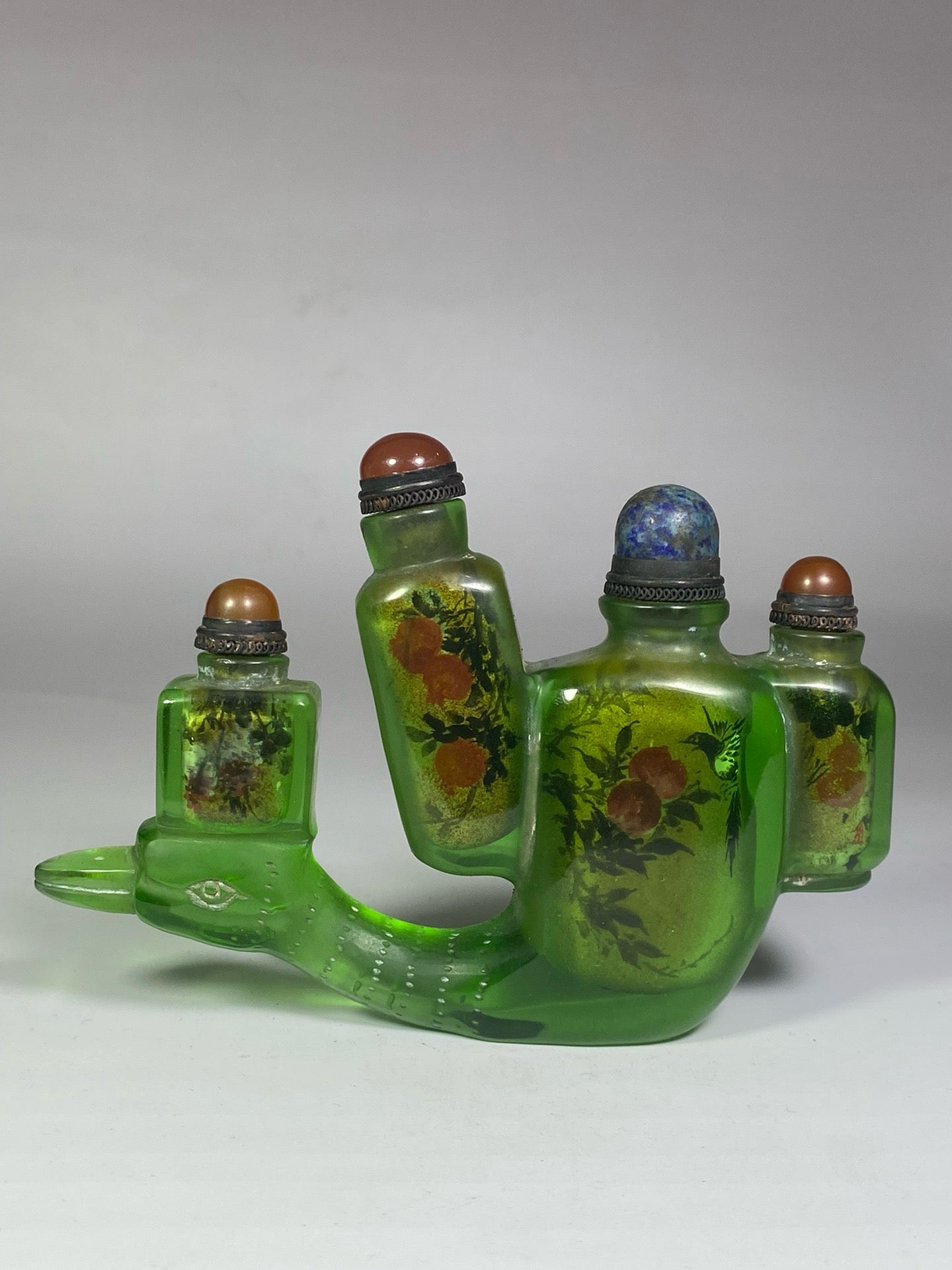 Chinese antique glazed bird shaped four groups of painted snuff bottles