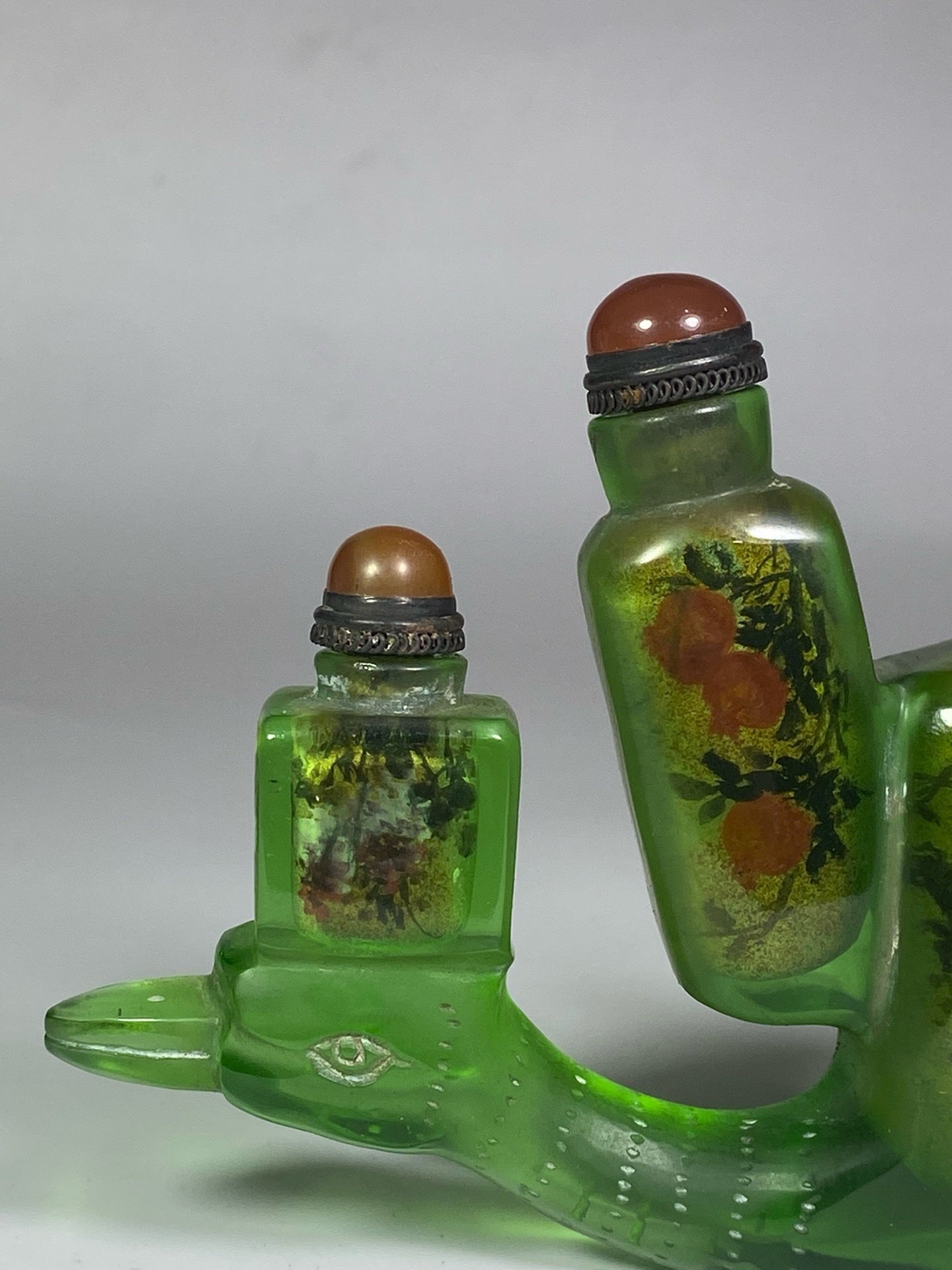 Chinese antique glazed bird shaped four groups of painted snuff bottles