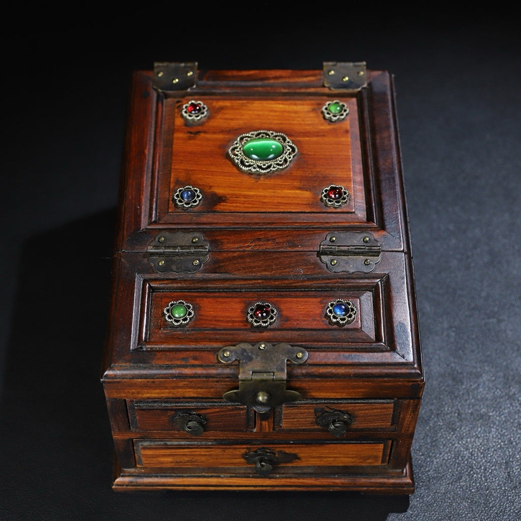 Pear wood inlaid multi treasure three draw dressing box, jewelry box