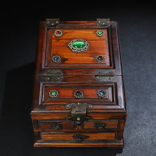 Pear wood inlaid multi treasure three draw dressing box, jewelry box