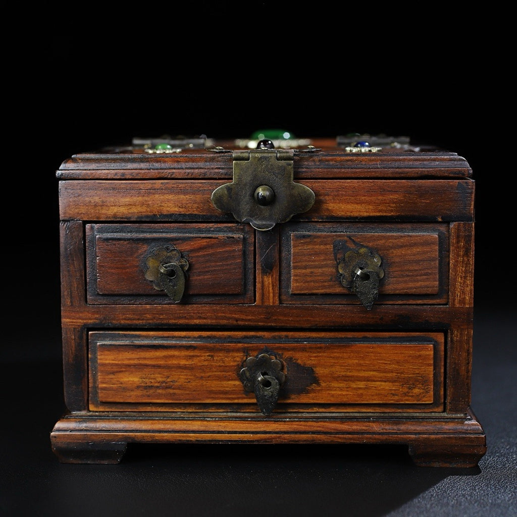 Pear wood inlaid multi treasure three draw dressing box, jewelry box