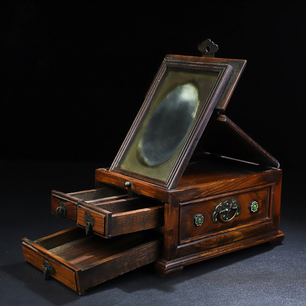 Pear wood inlaid multi treasure three draw dressing box, jewelry box