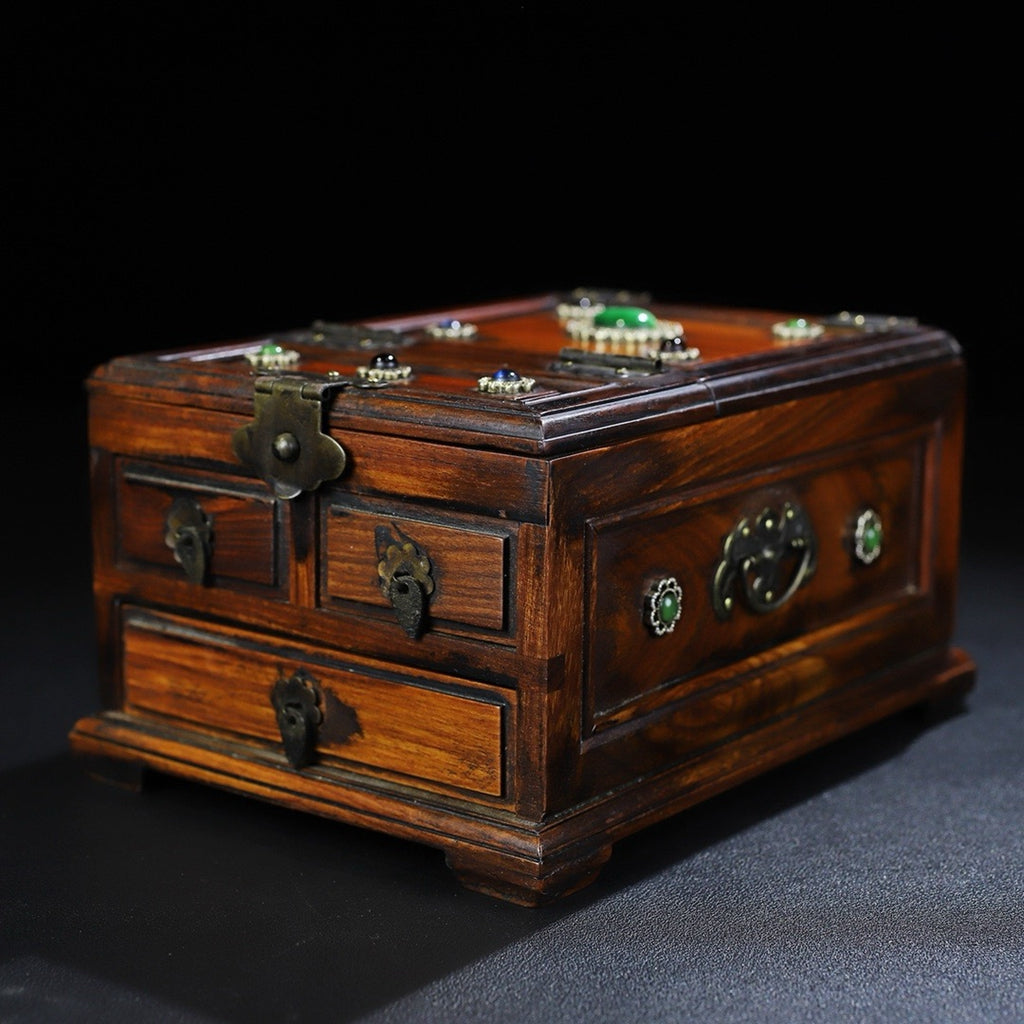 Pear wood inlaid multi treasure three draw dressing box, jewelry box