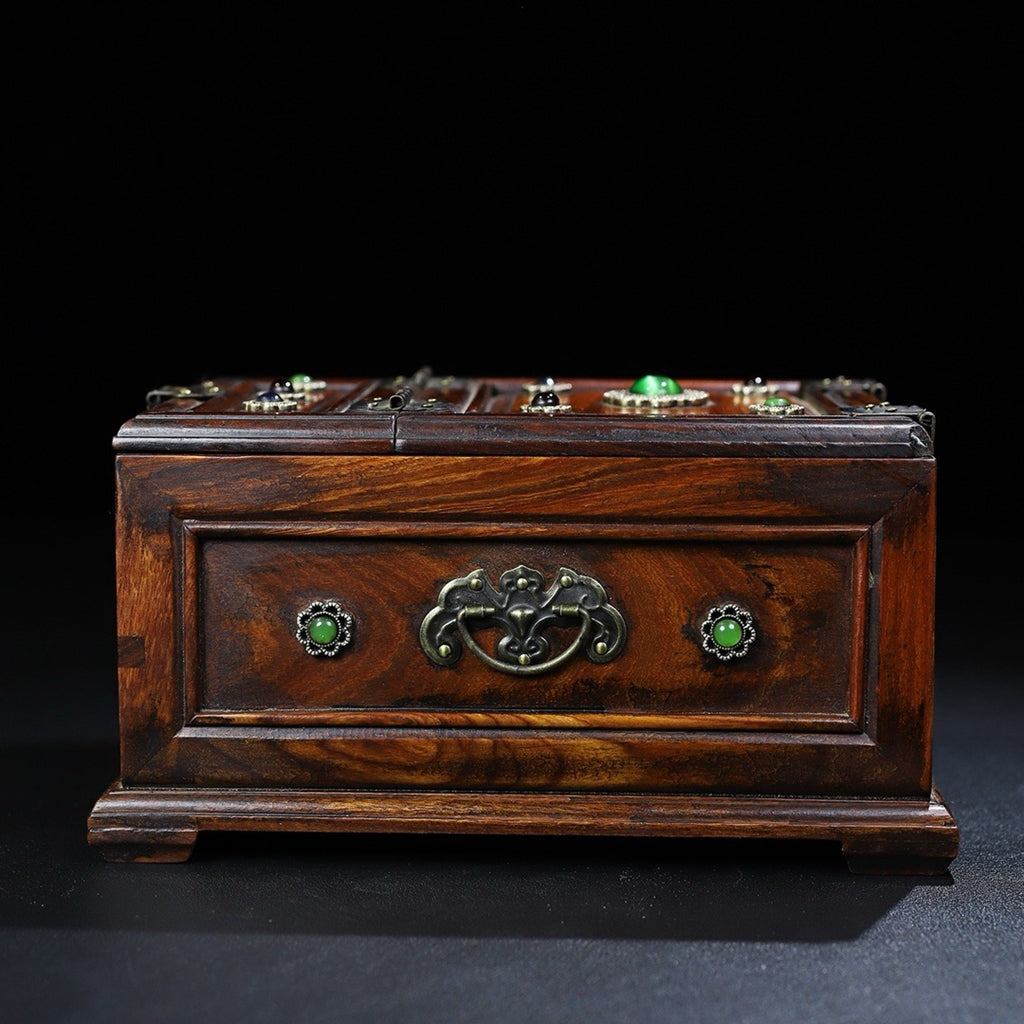 Pear wood inlaid multi treasure three draw dressing box, jewelry box