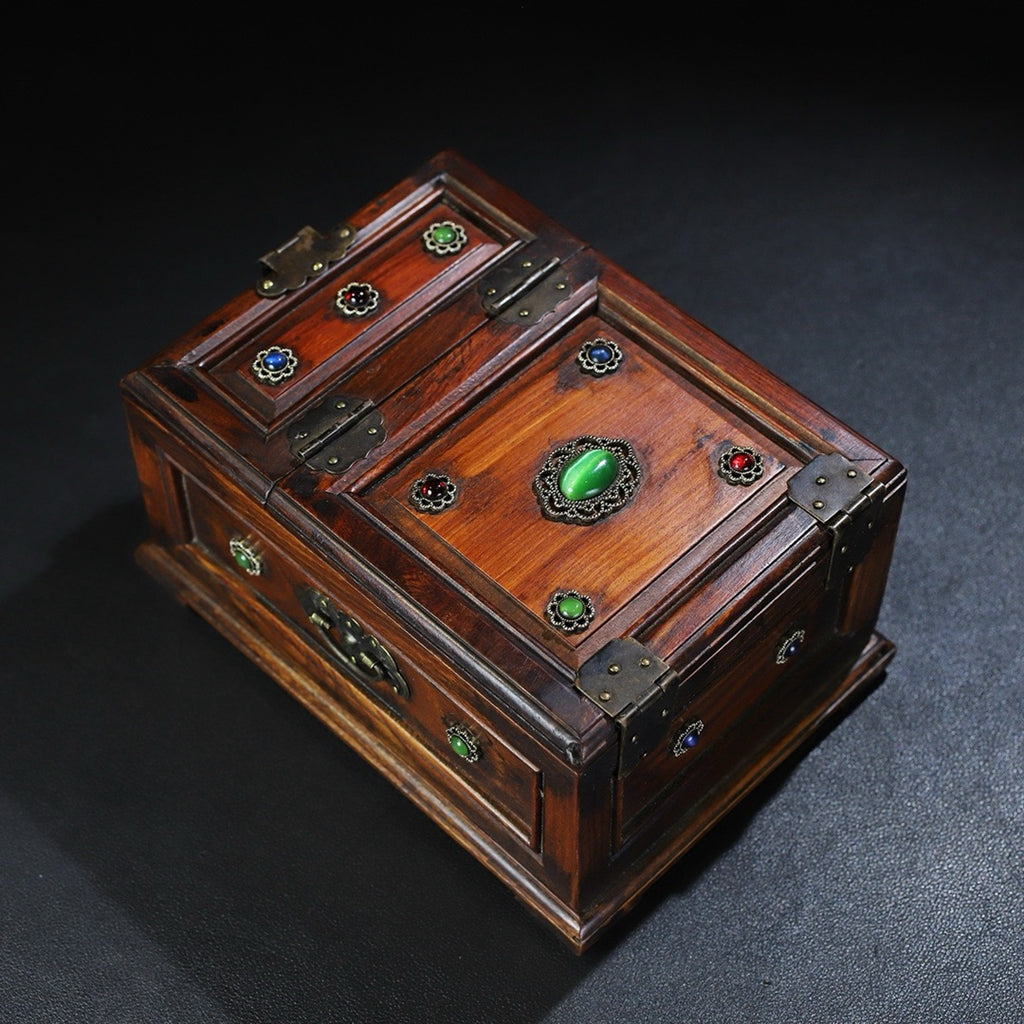 Pear wood inlaid multi treasure three draw dressing box, jewelry box