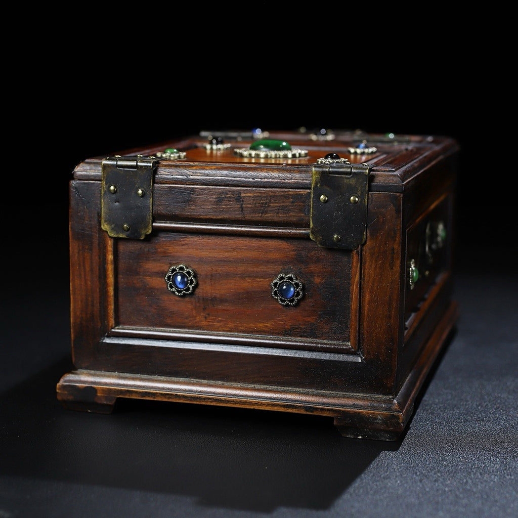 Pear wood inlaid multi treasure three draw dressing box, jewelry box