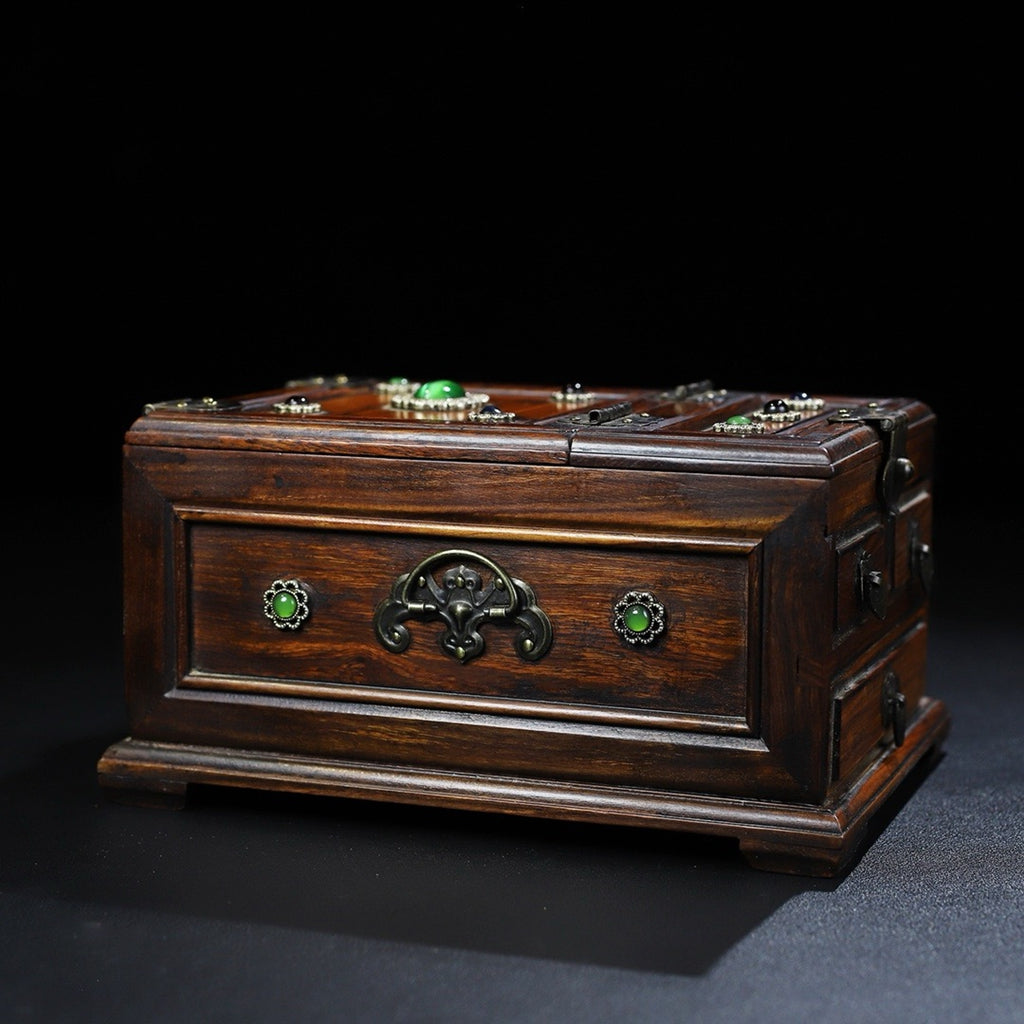 Pear wood inlaid multi treasure three draw dressing box, jewelry box