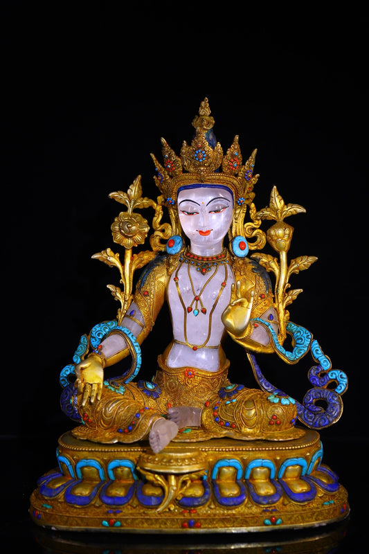 Natural crystal, pure handmade knocking, carving, gilded wire inlay with gemstone Tara