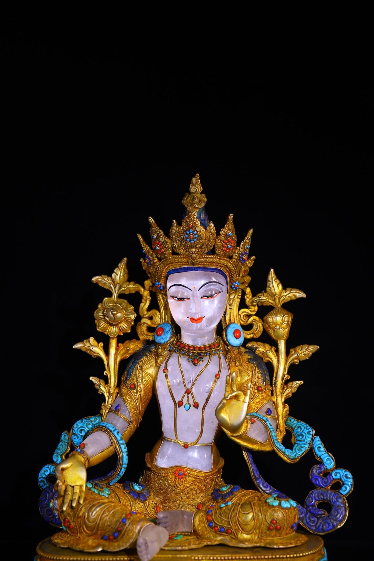 Natural crystal, pure handmade knocking, carving, gilded wire inlay with gemstone Tara