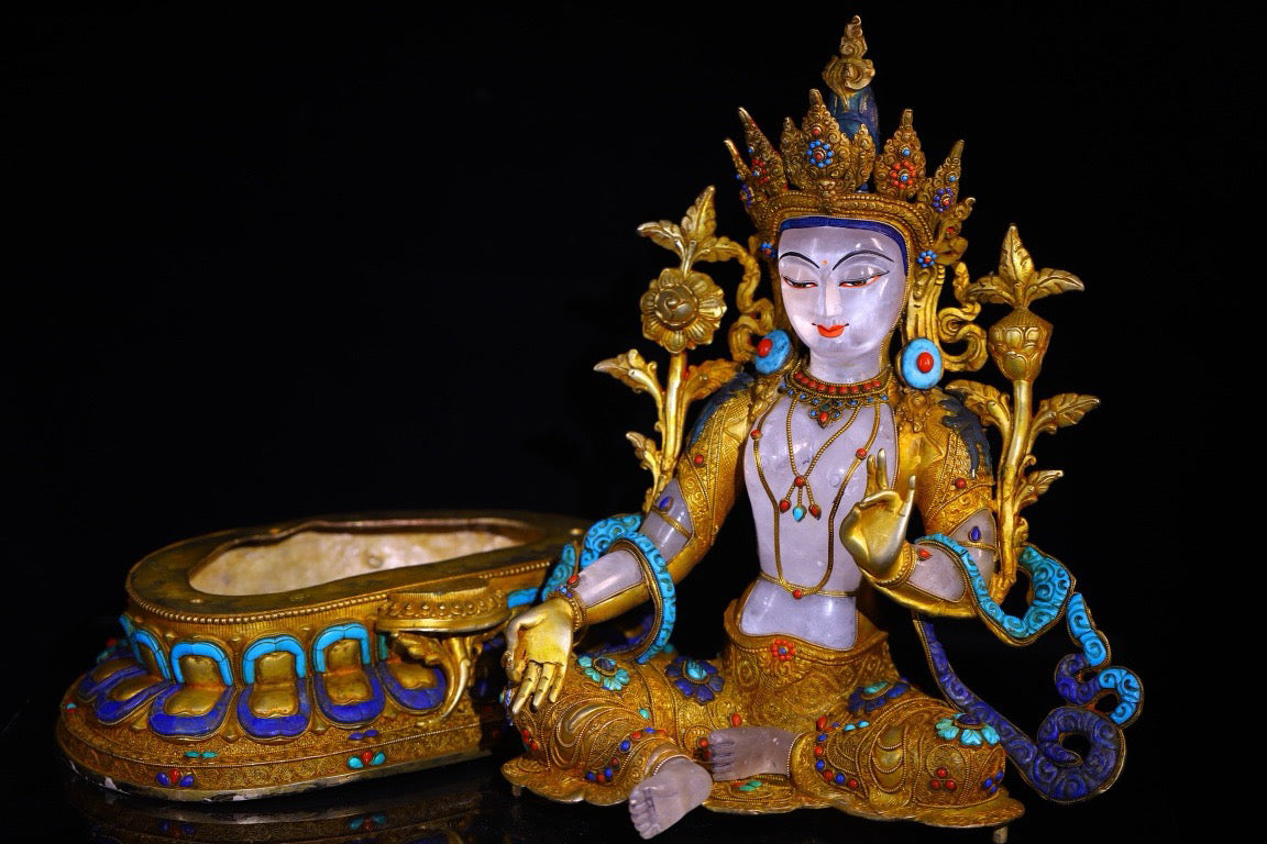 Natural crystal, pure handmade knocking, carving, gilded wire inlay with gemstone Tara