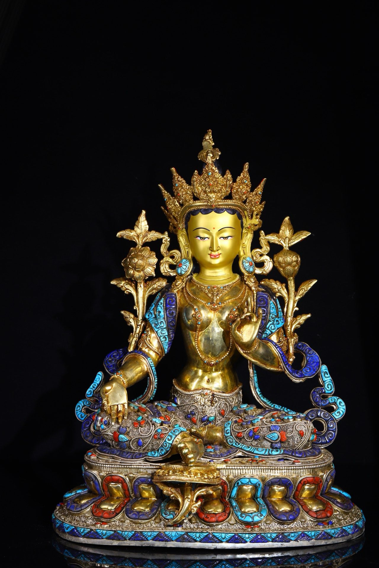 Copper body is handcrafted and carved, with silver filigree inlaid with gemstone green tara