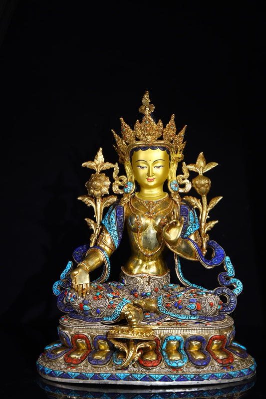 Copper body is handcrafted and carved, with silver filigree inlaid with gemstone green tara
